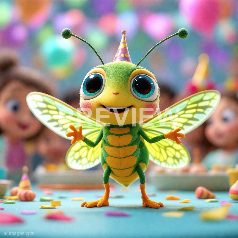 A brightly colored animated insect character with large expressive eyes, a cheerful smile, and vibrant green and yellow wings, is standing on a table surrounded by colorful confetti and party hats. The background features blurred figures of children wearing party hats, suggesting a festive celebration, with multicolored balloons and decorations creating a lively atmosphere. The insect is wearing a small party hat and appears to be the center of attention in a joyful party setting.